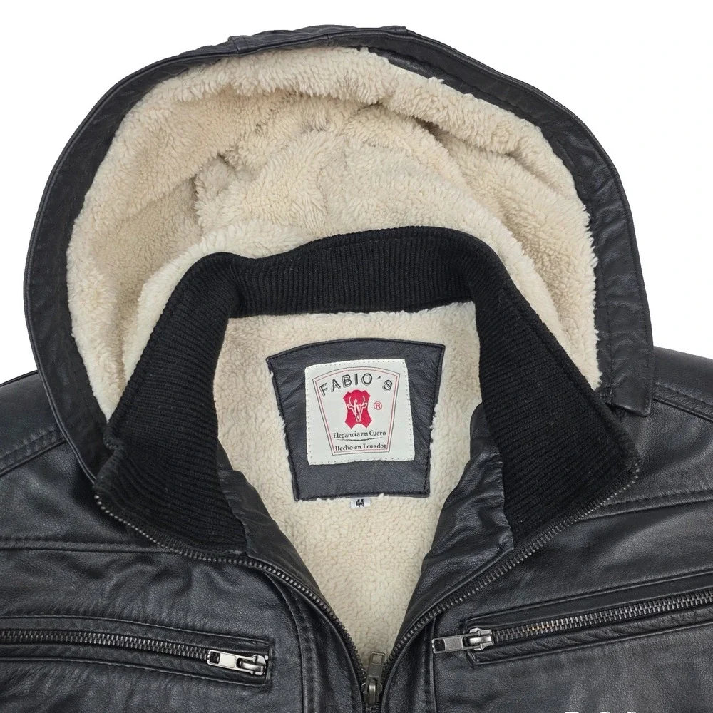 Fabio's 100% Bovine‎ Leather Hooded Leather Jacket with Fleece Lining Size 44